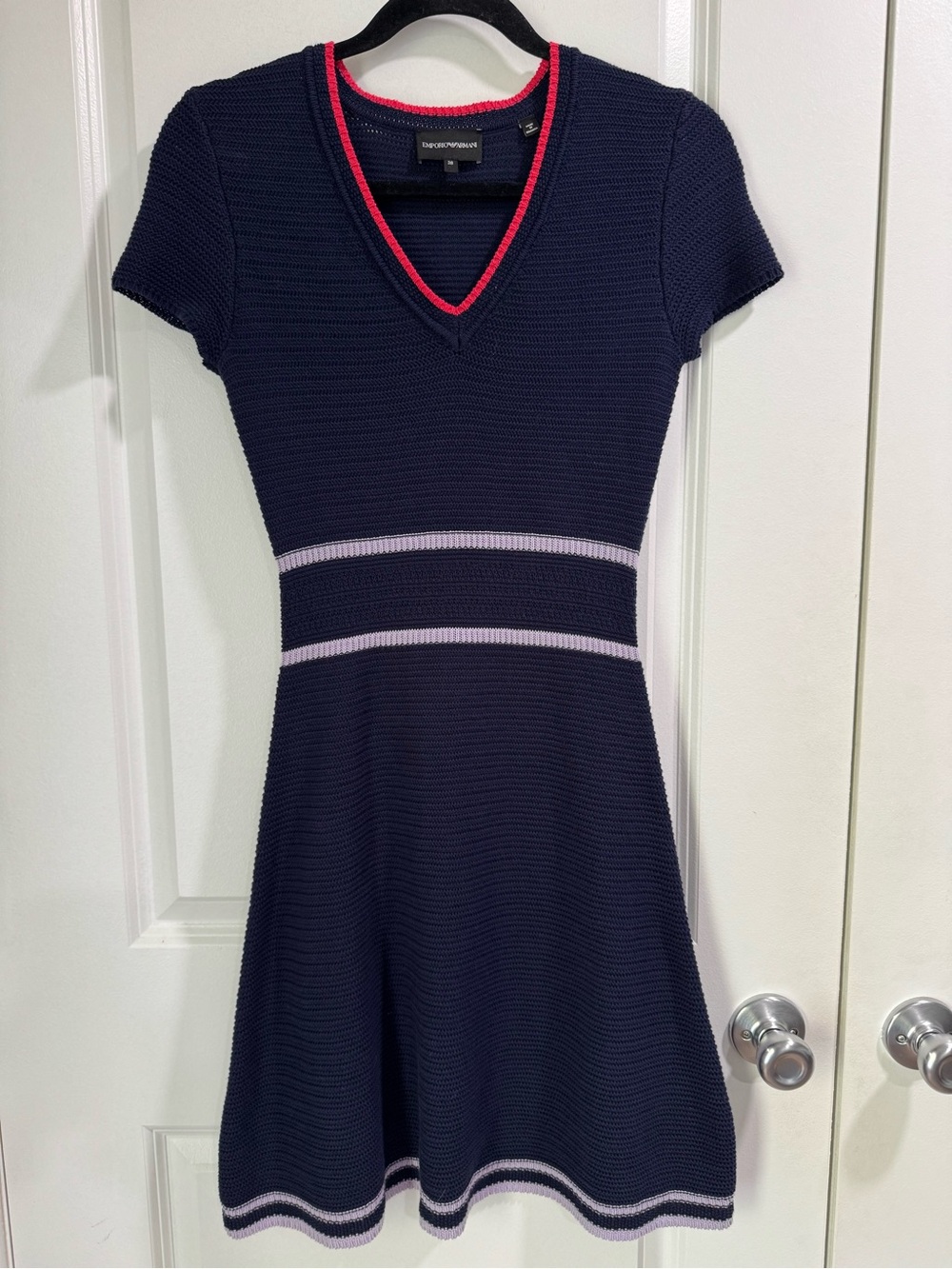 Emporio Armani V-Neck Striped Crochet Mini Dress Navy 38 US 2 XS